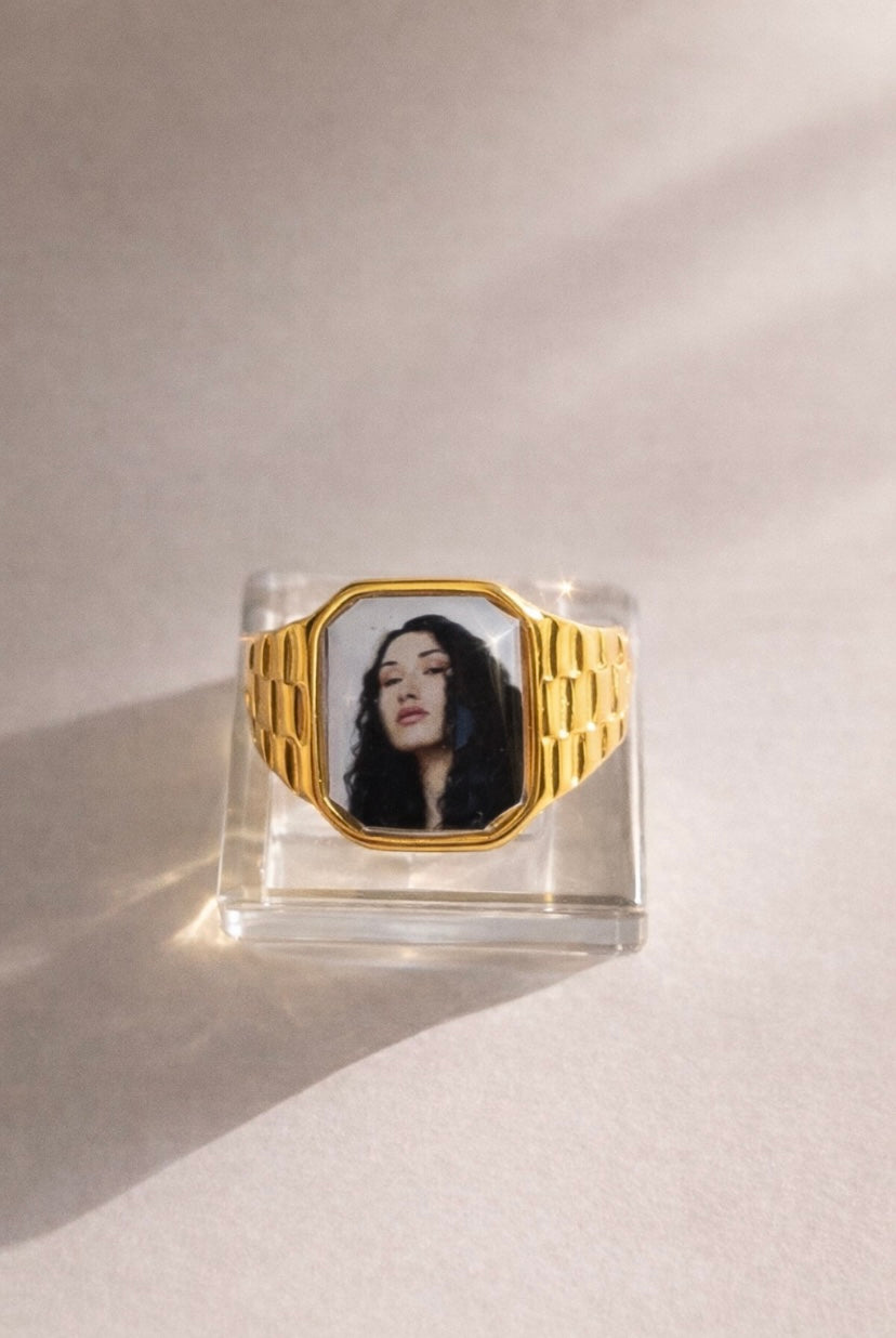 18K gold-plated Cleo Sol-inspired Lav Vintage promise ring with square face, photographed on a neutral background.
