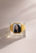 18K gold-plated Cleo Sol-inspired Lav Vintage promise ring with square face, photographed on a neutral background.
