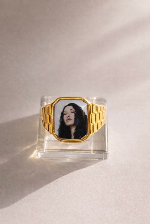 18K gold-plated Cleo Sol-inspired Lav Vintage promise ring with square face, photographed on a neutral background.
