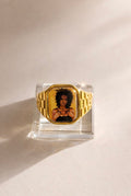 18K gold-plated Lauryn Hill-inspired Lav Vintage promise ring with square face, photographed on a neutral background.

