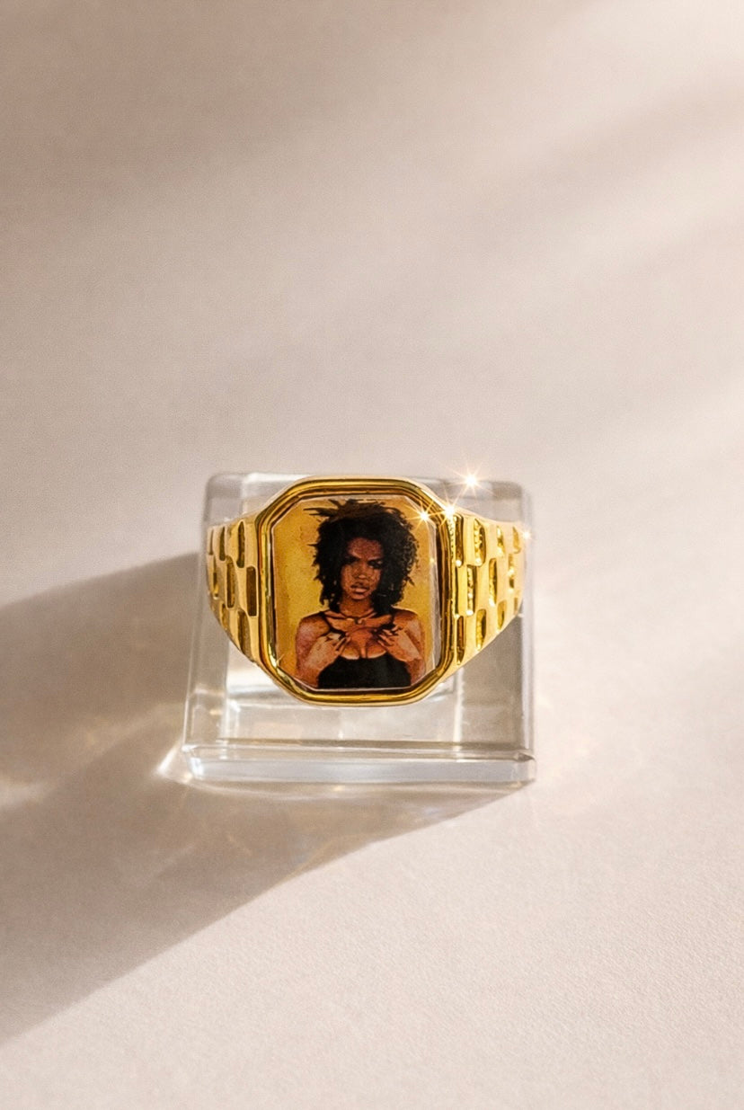 18K gold-plated Lauryn Hill-inspired Lav Vintage promise ring with square face, photographed on a neutral background.
