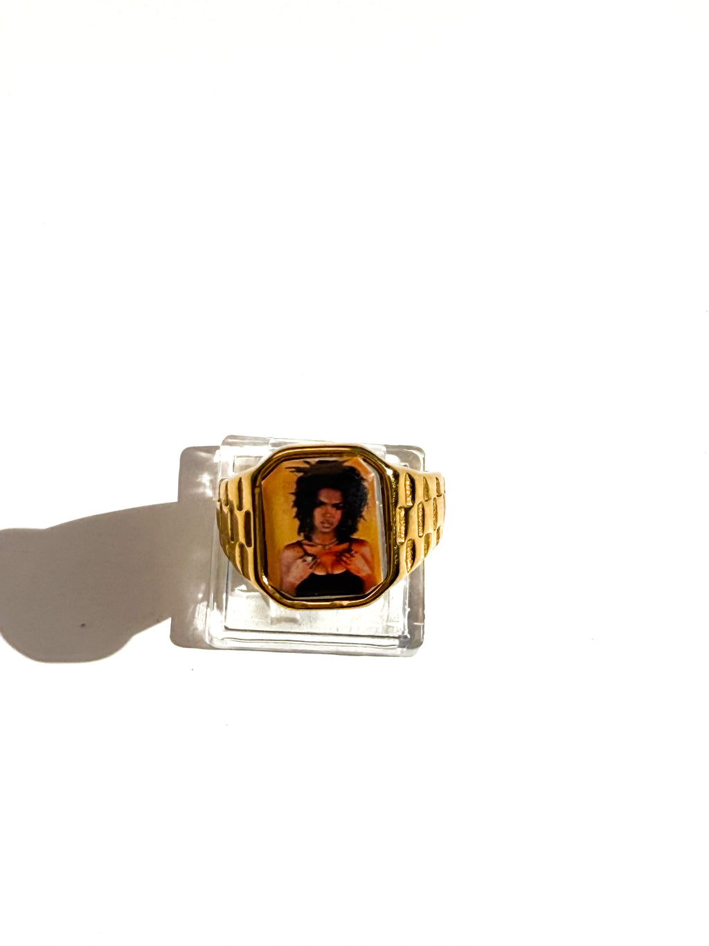 18K gold-plated Lauryn Hill-inspired Lav Vintage promise ring with square face, photographed on a neutral background.
