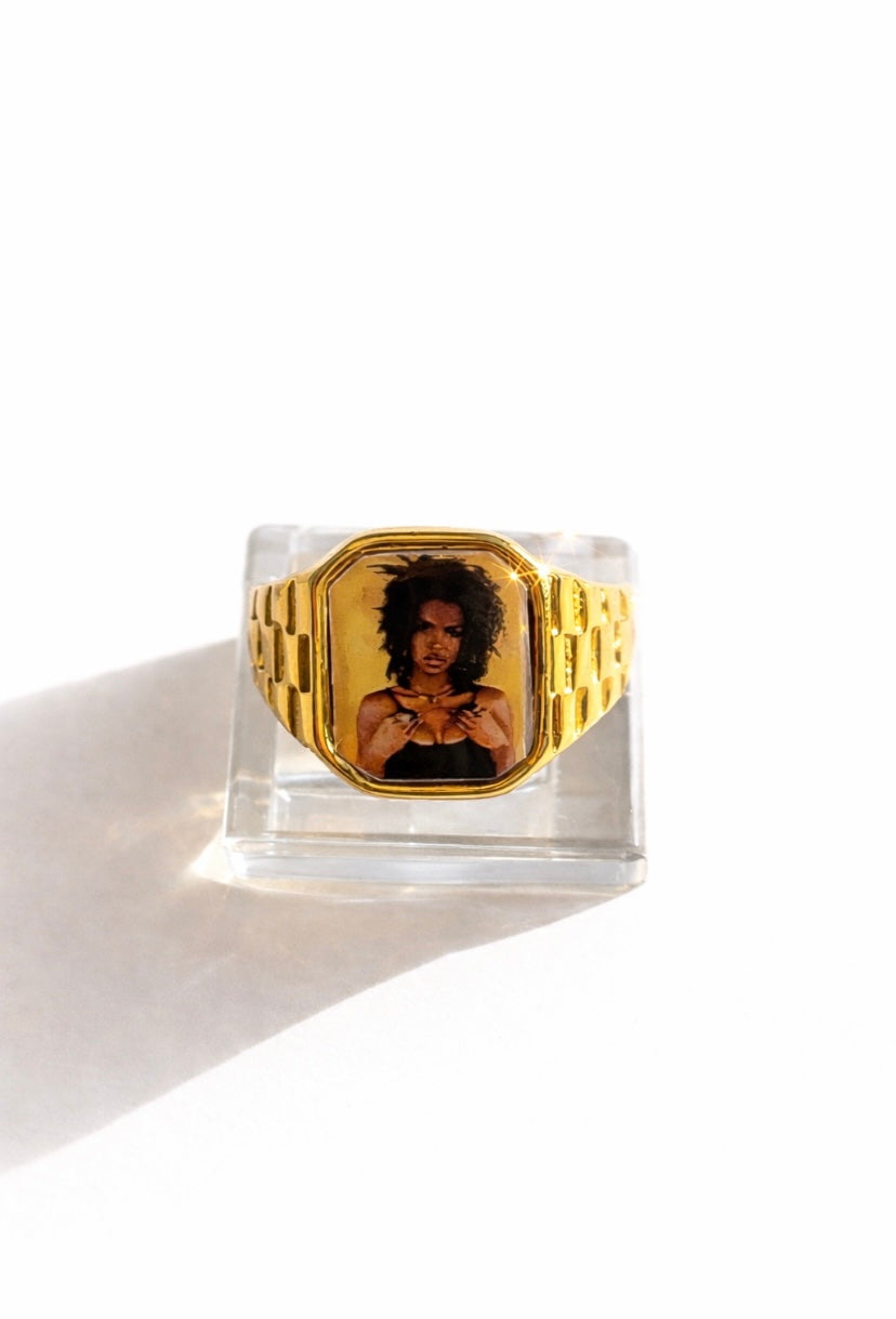 18K gold-plated Lauryn Hill-inspired Lav Vintage promise ring with square face, photographed on a neutral background.
