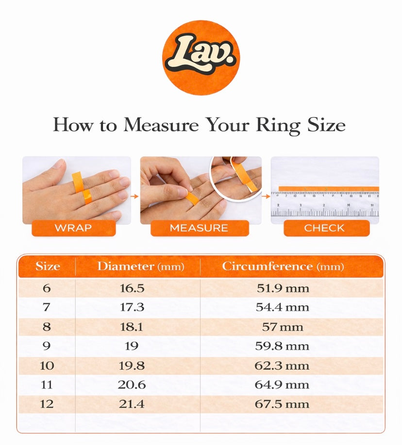 Ring size measurement guide showing how to wrap paper around a finger, measure length, and check ring size using a size chart.