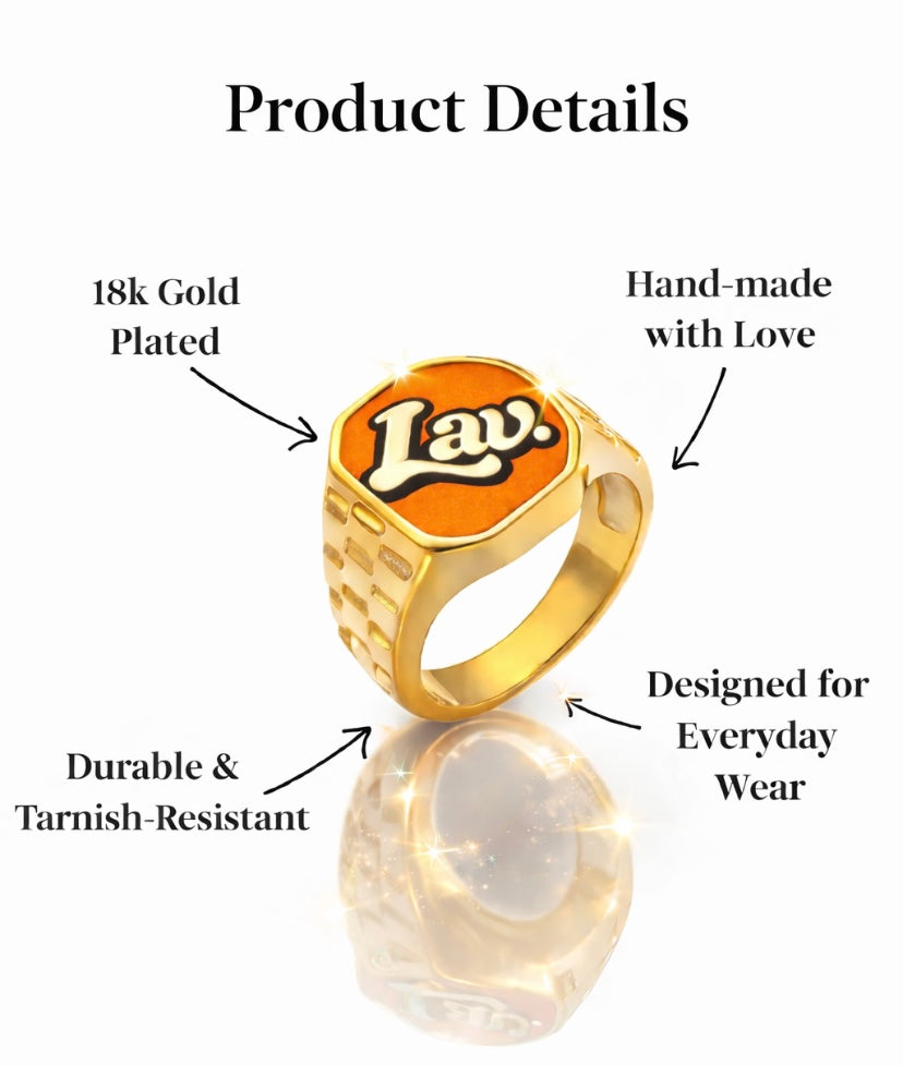 18K gold-plated Lav Vintage promise ring displayed with labeled features including handmade design, durability, and everyday wear.